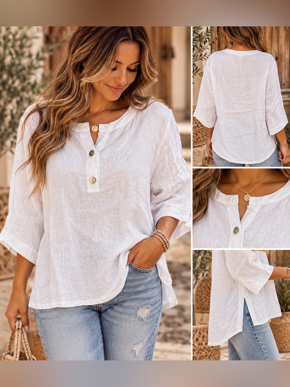 Women's White Linen-Blend Button Henley Tunic
